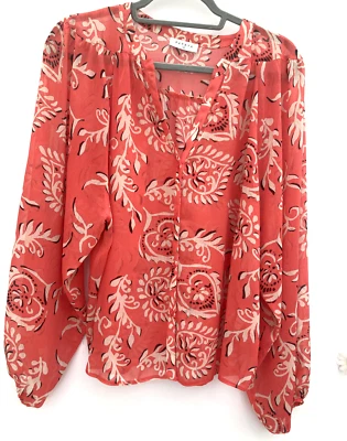 Orange Floral Summer Blouse, Elasticated Baggy Sleeves Size 14  V Good Condition - Image 1 of 4