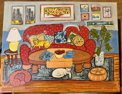 Cat Nap Cosy Scene original acrylic painting 11 x 14 Cat Collector gift - Image 1 of 4