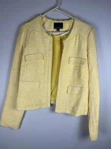 CYNTHIA ROWLEY Blazer Open Textured Tweed Yellow Size Medium Cotton Blend NWT - Picture 1 of 5