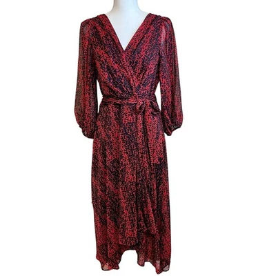 Vestido envolvente midi rojo negro DKNY talla M estampado manga larga fluido fiesta navideña Foto 1 de 4