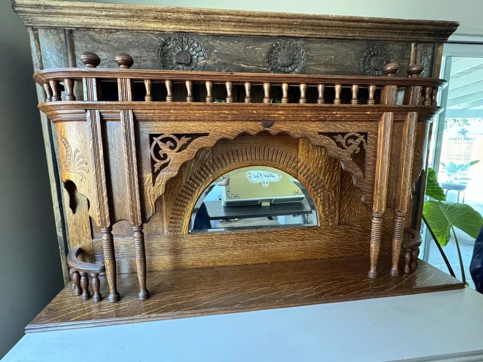 Antique Victorian Eastlake Tiger Oak Wall Mirror Shelf – 51” Ornate Carved - Image 1 of 4