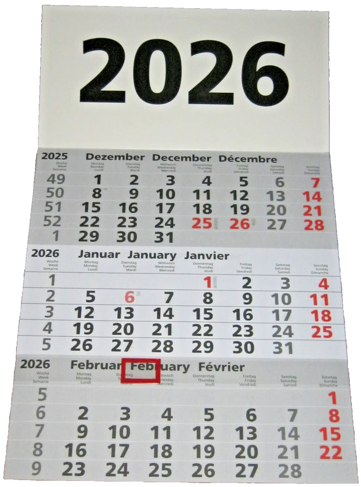 Wandkalender 2026  3-Monats Planer ohne Werbung Dreimonatskalender XL 30x49cm - Bild 1 von 1