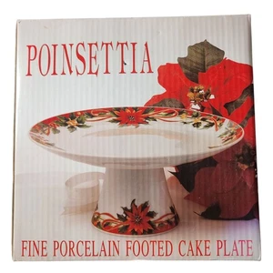Sunflower Christmas Poinsettia Porcelain Cake Stand Holiday Festive Holly - Picture 1 of 7
