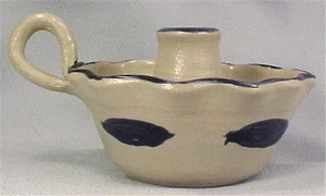 Williamsburg Pottery Candlestick Candle Holder Stoneware Cobalt Blue Leaves - Picture 1 of 4
