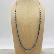 Lia Sophia Necklace Blue Silver Tone Chains Double Strand Enamel Station Beads