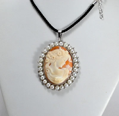 CIONDOLO ARGENTO 925  CAMMEO CORNEOLA  VOLTO BOTTONI PERLE 5 mm        AGDV 0244 - Immagine 1 di 3