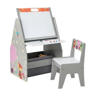 3 in 1 Kids Easel and Play Station Convertible with Chair and Storage Bins-Gray - Picture 1 of 3
