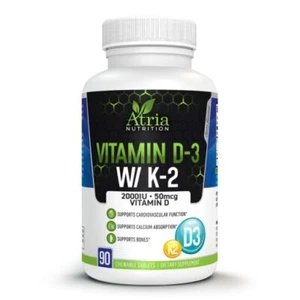 Atria Nutrition Vitamin D3 with K2 Supplement, 2000IU Vitamin D3 K2 MK-7 Chewabl - Picture 1 of 3