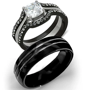 His Tungsten & Hers Black Stainless Steel 4 Pc Wedding Engagement Ring Band Set - Picture 1 of 7