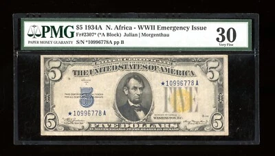 DBR 1934-A $5 Silver North Africa STAR Fr. 2307* PMG 30 Serial *10996778A - Image 1 of 2