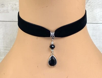 black velvet choker necklace Jet Black Teardrop pendant goth punk Novelty Party - Image 1 of 3
