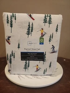 Mainstays SKIERS Trees Flannel Sheet Set Queen Size 100% Cotton 4 Piece NEW - Picture 1 of 5