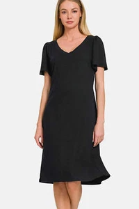 Zenana V-Neck Short Sleeve Dress - Picture 1 of 4