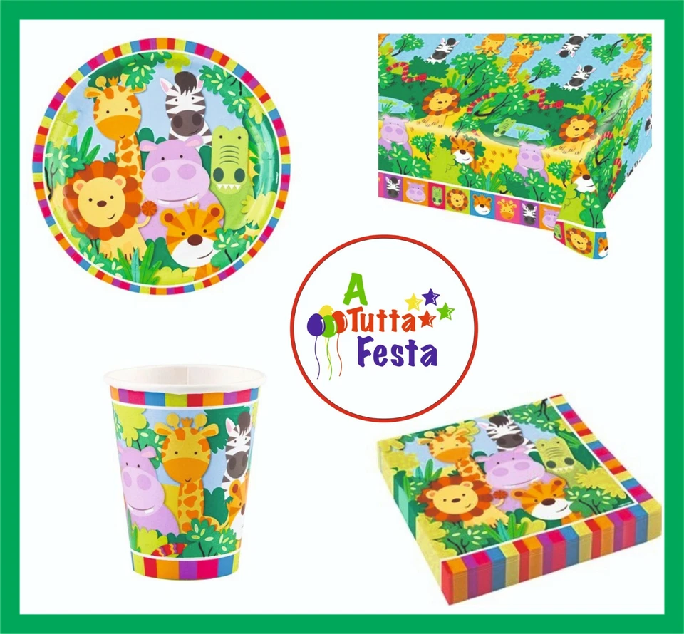  KIT ADDOBBI FESTA COMPLEANNO GIUNGLA NEW X8X16X24X32X40 PERSONE  PIATTI BICC. - Immagine 1 di 1