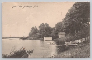 Muskegon MI People Boating on Bear Lake Michigan Postcard Boat House 1908 - Picture 1 of 5