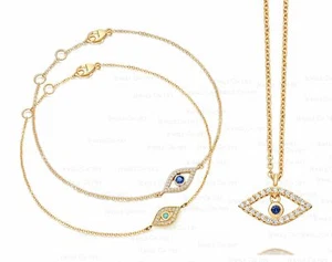 14K Gold Natural Diamond Blue Sapphire Turquoise Evil Eye Bracelet Necklace Set - Picture 1 of 6