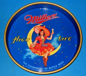 Vintage 13" Round Miller High Life Beer Serving Tray of Girl Sitting on The Moon - Picture 1 of 6
