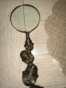 Vintage Gothic Skull Handle Magnifying Glass Brass Tone Steampunk Occult Curio - Picture 1 of 10