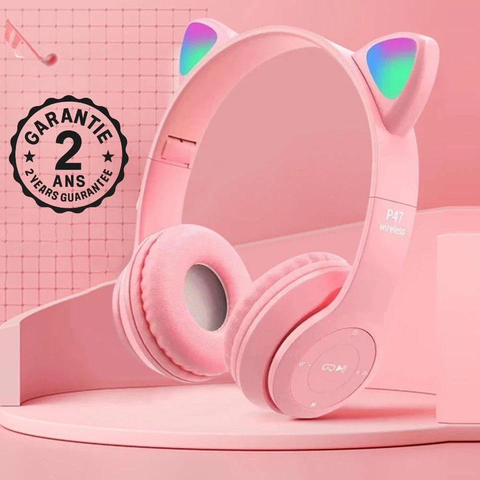 Casque Audio Ecouteur Bluetooth Oreilles de Chat Lumineux LED Rose Sans Fil PC - Photo 1/1