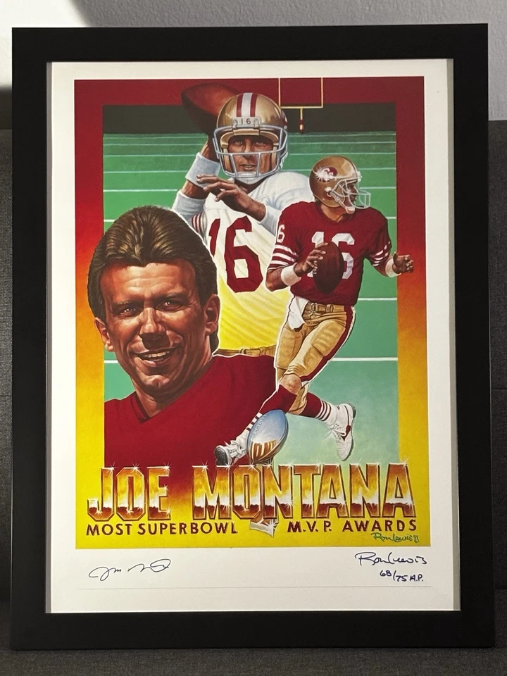 "Litografía autografiada de Joe Montana / Ron Lewis 18x24"" enmarcada prueba de artista #68/75" Foto 1 de 1
