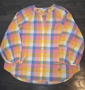 Free Assembly Tie Sleeve Top Womens L MultiColor Plaid Elastic Neck & Sleeves - Picture 1 of 8