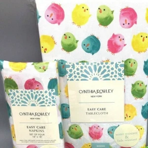 5pc Cynthia Rowley Easter Chick 70" R Tablecloth 4 Napkin Set Watercolor Spring - Picture 1 of 5