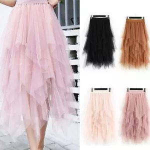 Women's Tulle Mesh Skirt High Waist Ruffle Layered Skirt Maxi Tutu Skirt Spring - Picture 1 of 16