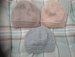Newly Hand Knitted 3 Lovely Beige Caramel & Grey Newborn Baby Beanie Hats - Picture 1 of 1