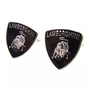 Ein Paar 2 Lamborghini Schild Manschettenknöpfe ohne Etikett schwarz & silberfarben - Bild 1 von 3
