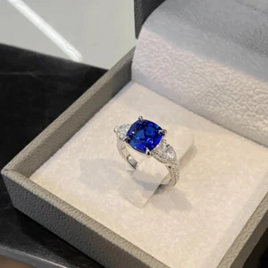 Cushion Cut Blue Diamond Women's Engagement Wedding Ring 14k White Gold Finish - Picture 1 of 6