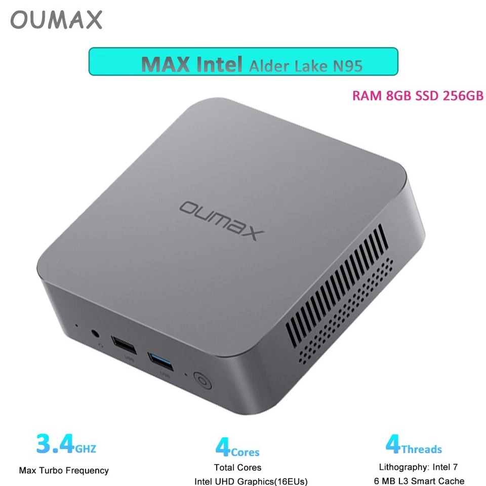 Oumax Intel N95 mini pc up to 3.4GHz 4C/4T RAM8GB DDR4 SSD256GB WIFI5 Computers - Image 1 of 4