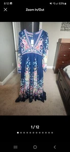 Dalia MacPhee Long Sleeve Floral Border Print V-neck Maxi Dress (Navy Multi) - Picture 1 of 10