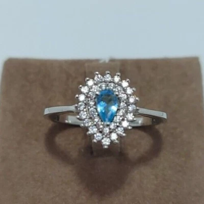 Anello argento 925 rodio bianco donna elegante pietra azzurra acquamarina goccia - Immagine 1 di 4