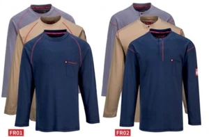 Mens FR Flame Resistant Shirt Crew Neck Long Sleeve Button Gray Navy, Khaki S-6X - Picture 1 of 8