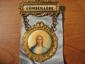 antique Medal Pin Virgin Maria Conseillère with ribbon - Bild 1 von 4