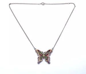 Vintage SARAH COVENTRY Colored Guilloche Enamel BUTTERFLY Gold Toned Necklace - Picture 1 of 4