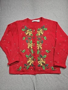 Victoria Jones Sweater Womens Medium Red Cardigan Christmas Beaded Embroidered - Picture 1 of 16
