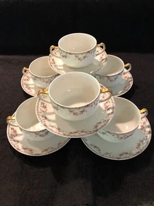 Limoges Cream Soup Cups & Saucers Set of 6 Haviland & Co. Pink Flower Vine Rim - Picture 1 of 12