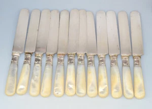 VINTAGE LANDERS FRARY & CLARK SET OF 12 KNIVES STERLING SILVER BAND MOP HANDLES - Picture 1 of 5