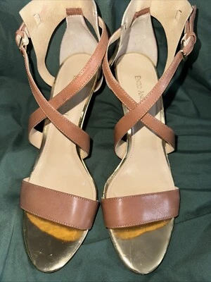 Enzo Angiolini Mckinney Tan/Brown And Gold Wedge Heel Sandals Shoes Size 9M - Image 1 of 3