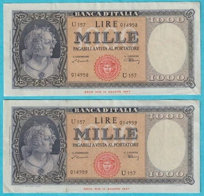 Two Italy 1000 Lire 1948 consecutive serial AU P-88a U157 014358/014359 - Image 1 of 4