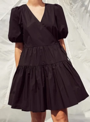 J Crew черный Puff рукав хлопок поплин ярусный надежном платье размер S классический опрятный - Изображение 1 из 4