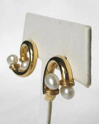 Único oro 14K 2 perlas modernista envoltura aro ondulado espiral aretes NABCO Foto 1 de 4