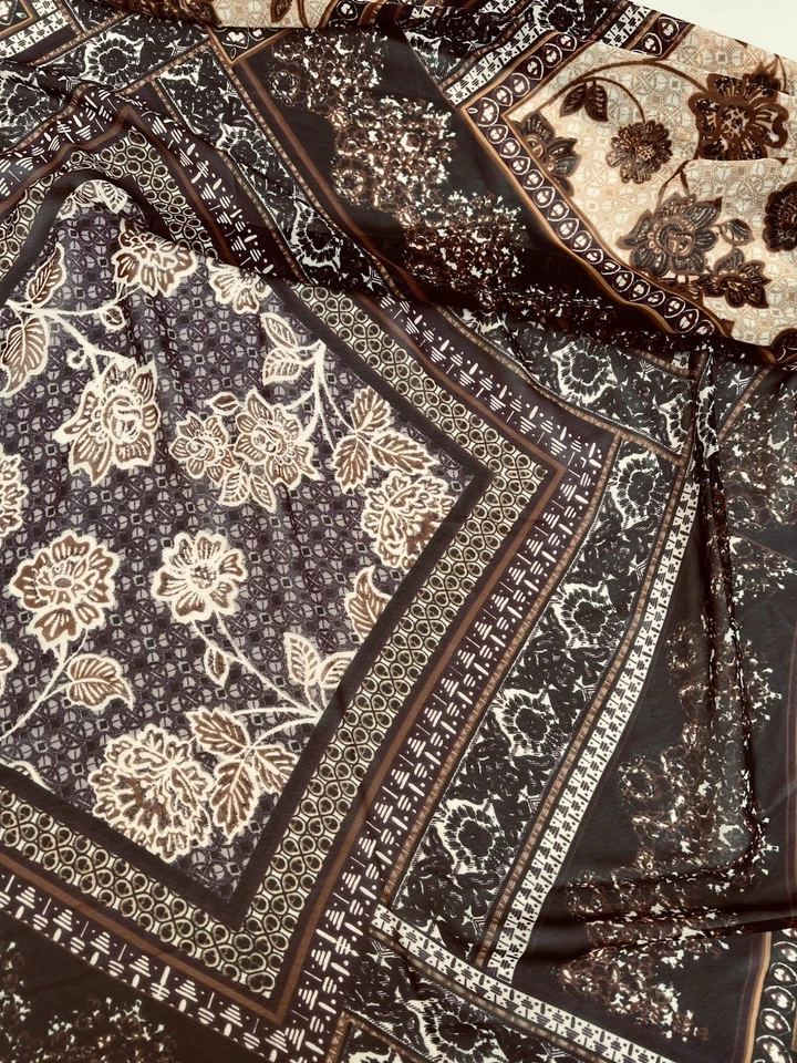 Island Batik Print Sheer Polyester Chiffon Fabric Brown Yellow 59" Wide 58" Long - Image 1 of 4