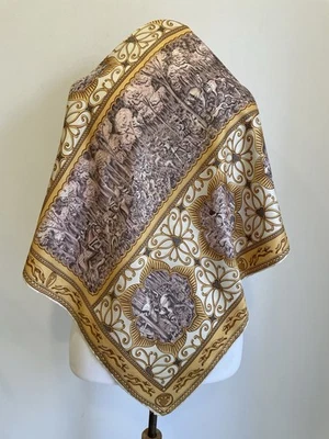 Silk Scarf Baroque Hunting Scene Equestrian Brown Gold Ivory Print #A122 - Image 1 of 4