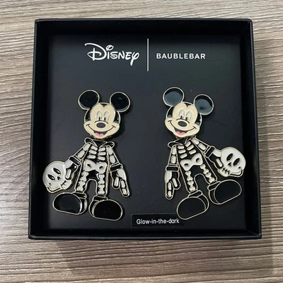Disney BaubleBar Mickey Mouse Earrings Glow in the Dark Halloween Skeleton NEW - Image 1 of 4