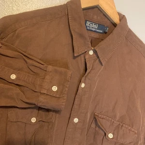 Camisa Polo Ralph Lauren Lino Seda Hombres XL Marrón Bolsillos de Trabajo Manga Larga Roll Ta - Imagen 1 de 16