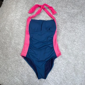 Traje de baño Boden Minori Halter de una pieza azul rosa bloques de colores para mujer 10 DEFECTUOSO - Imagen 1 de 6