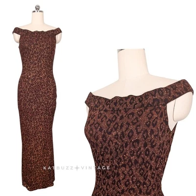 Maxi Vestido de Baile de graduación Mcclintock Talla 10 Marrón Dorado Animal 90S Metálico Glamour Foto 1 de 4