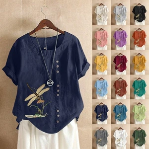 PLUS SIZE Ladies Blouse Tops Cotton Linen Loose Short Sleeve T Shirts Tunic 6-24 - Picture 1 of 35